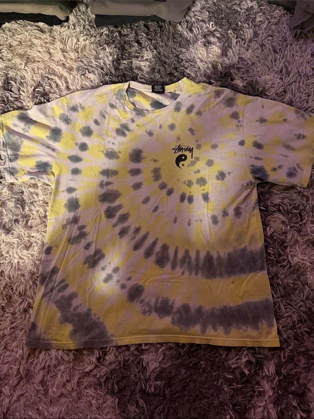 Stussy Yellow & Gray Spiral Tie-Dye Tee with Chest Logo